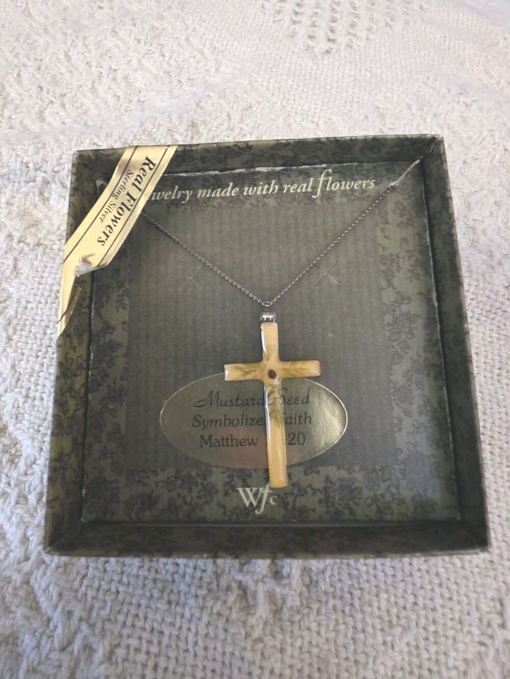 Vintage 925 Silver Real Flowers Mustard Seed Cross Necklace Religious New